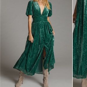 Anthropologie Puff Sleeved Burnout Velvet Maxi Dress - Green Size 4